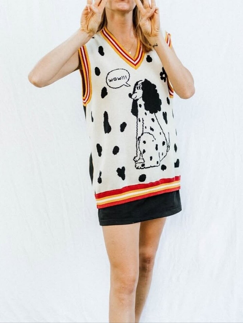 Cream Dog-Print V-Neck Sweater Vest with Orange Trim